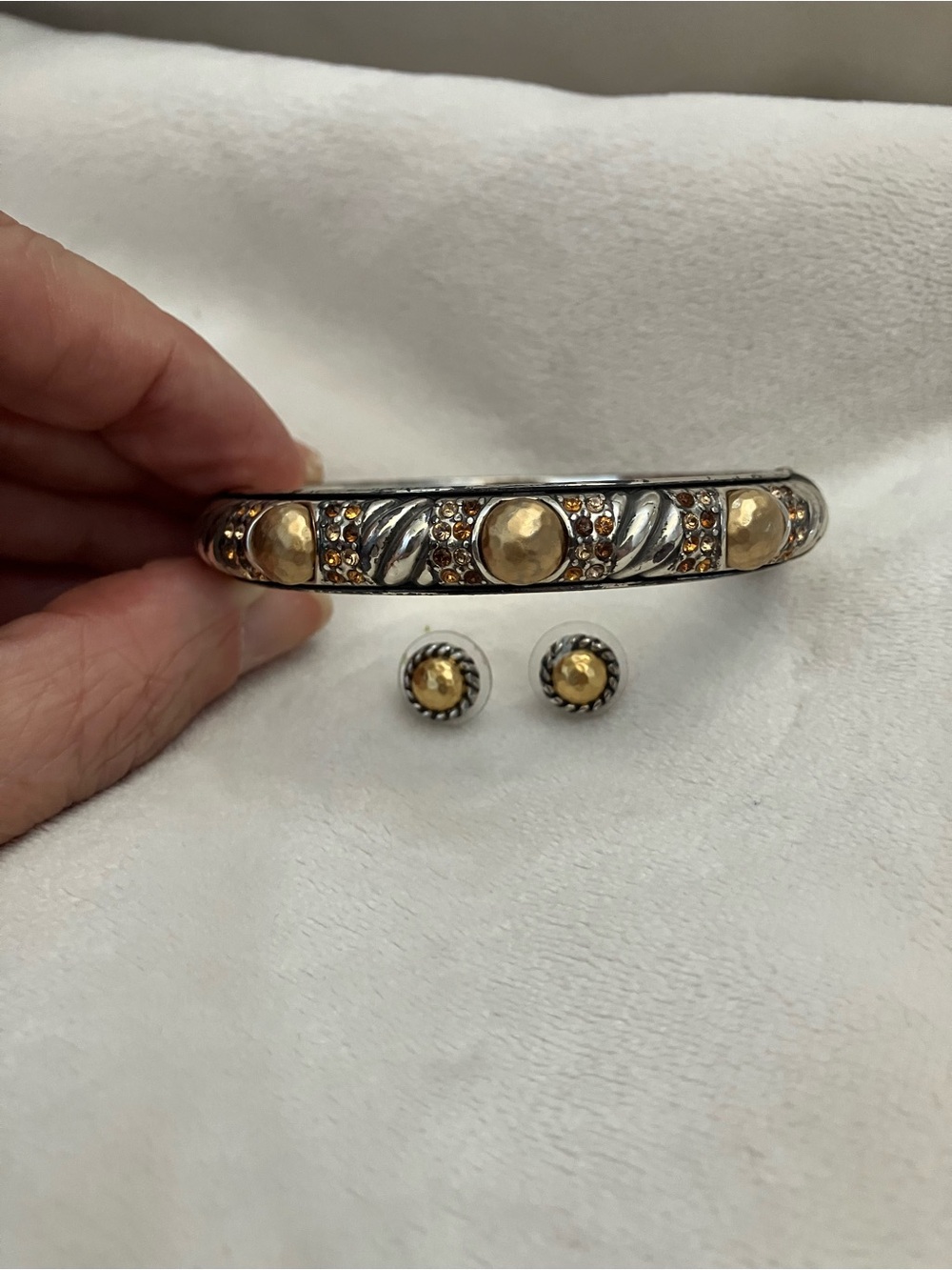 Brighton Two-Tone Silver and Gold Bangle Bracelet with Gold Accent Stud Earrings - Picture 2 of 4